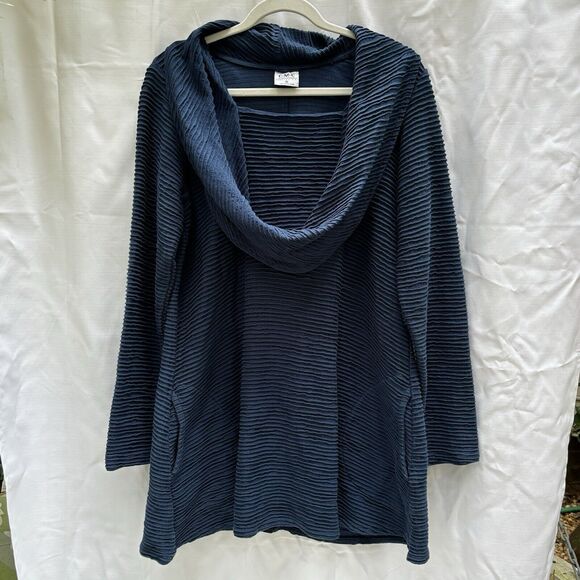 CMC Color Me Cotton Tops - CMC Color Me Cotton Ribbed‎ Knit 100% Cotton Blue Cowl Neck Tunic Pockets Medium